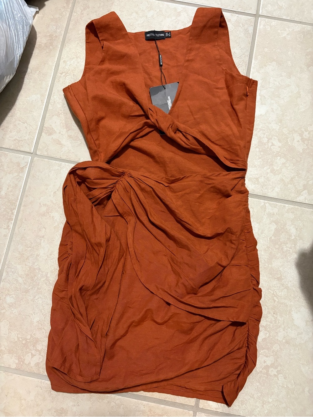PrettyLittleThing Rust Orange Twist-Front Mini Dress